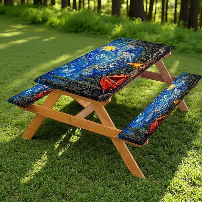 Picnic Table Cover with Bench Covers Elastic Edges, Forest Night Sky Camper Fitted Table Cover, Outdoor Patio Camping Essentials 3PCS, 96in, Waterproof Camping Fitted Tablecloth with Drawstring Bag