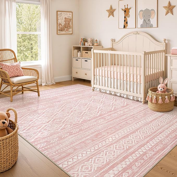 Nakagishi Area Rug Living Room Rugs: 6x9 Large Soft Machine Washable Boho Moroccan FarmNeutral Stain Resistant Indoor Floor Carpet for Bedroom Under Dining Table Home Office Decor-Pink