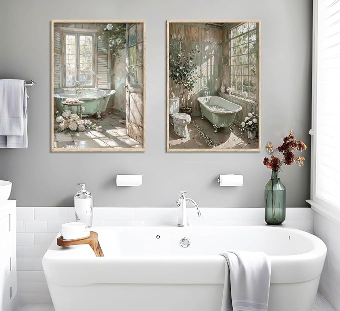 Vintage Farmhouse Theme Bathroom Canvas Wall Art Bathtub With Flowers Poster Print Painting Rustic Farmhouse Window Wall Decor Sunlit Floral Bathroom Pictures Artwork for Toilet Restroom Decoration