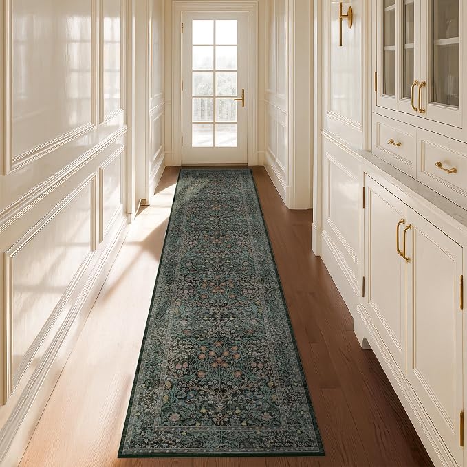 Vintage Washable 2x10 Runner Rug Non Slip for Hallway, Kitchen, Entryway, 10ft Stain Resistant Extra Long Soft Rug Runners, Dark Green Floral Unique Botanical Floor Mat