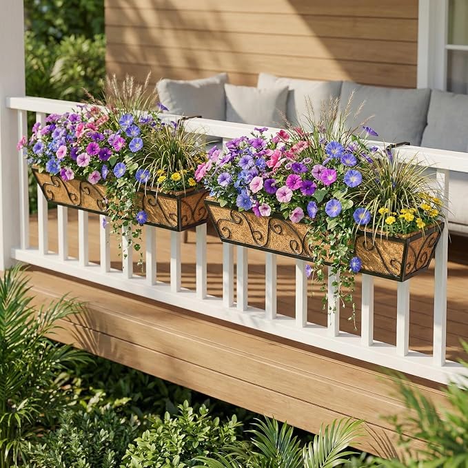 2PCS 30 Inch Railing Planter with Adjustable Brackets, Window Box with Coco Liner, Hanging Flower Box for Balcony Deck Fence, Metal, Black