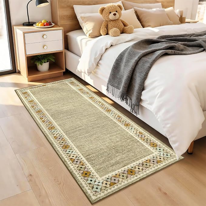 Garvee 2x6 Tribal Border Kitchen Rugs Washable Rugs for Hallway, Linen | Floral Border Area Rug Stain Resistant Easy Cleaning Throw Rugs Low Pile Floor Cover for Bedroom Laundry