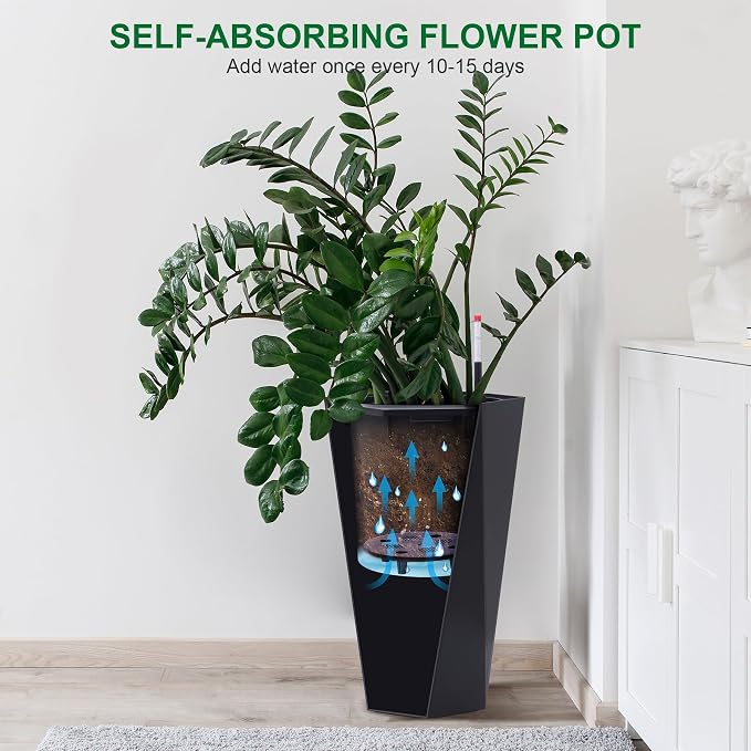 Set of 2 Tall Planters for Outdoor Plants, 22.5" Large Planter Pots with Drainage Holes & Water Level Monitor, Self-Watering Flower Pots for Patio, Porch, Garden, Front Door Decor, Indoor Outdoor