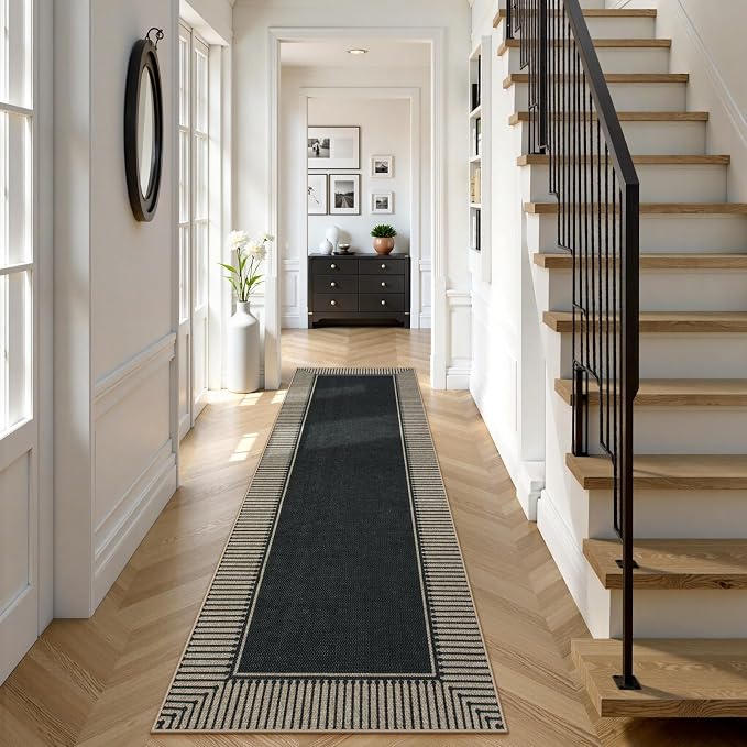 Moynesa Washable Black Striped Border Easy Jute Runner Rugs 2.5x8, Entryway Rug Runners for Kitchen, Farmhouse Indoor Outdoor Non Slip Carpet for Hallways Bathroom Bedroom Laundry