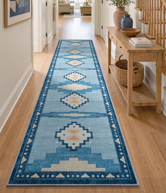 2'x8' Non-Slip Kitchen Runner Rug, Blue Geometric Mid Century Modern Rug | Washable, Low Pile, Soft, Coastal Aztec Design, for Entryway Hallway Bedroom, Stain Resistant, Pet Friendly, Low-Shed