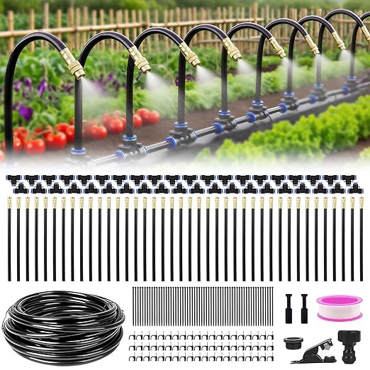 Drip Irrigation System - 100FT with Tool-Free Quick Connectors, 40 Copper Atomizing Nozzles & 360° Bendable Spray for Garden, Greenhouse, Lawn, Plants