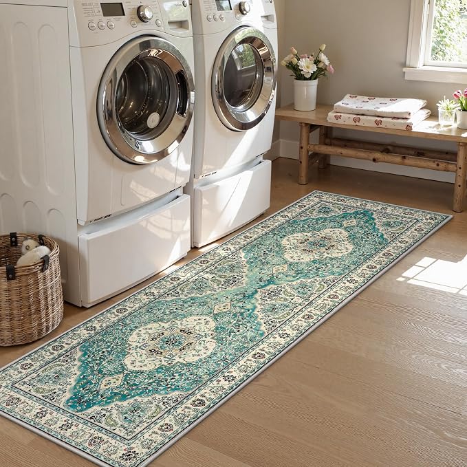 Lahome Felice Floral Medallion Runner Rug - 2x7 Hallway Kitchen Vintage Runner, Non-Slip Washable Lightweight Low-Pile Bedside Mat Indoor Floor Carpet for Entrance Laundry Bathroom, Sky/Baby Blue