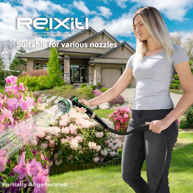 Non-Expandable Garden Hose 50feet, Flexible Water Hose with 10 Function Hose Nozzle, Lightweight, Tangle Free, Rust Proof for Yard (Black)