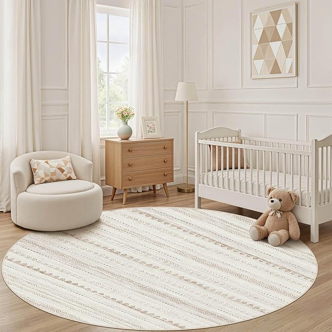Nakagishi Round Rug Boho Area Rugs: 4x4 Washable Large Circle Neutral Soft Stain Resistant Non-Slip Carpet for Women Aged 25-45 Farmhouse Decor Enthusiasts - Living Room Bedroom Dining Room Nursery