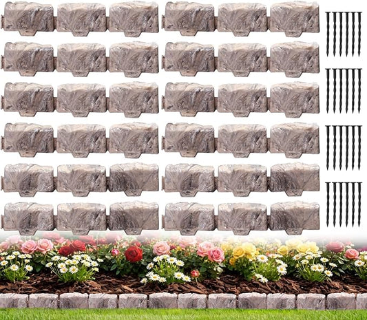 Landscape Edging Garden Edging Border Faux Stone Edging,17FT x 2.75 in Tall Decorative Stone-Look Garden Border for Flower Bed Edging,Yard Edging,Lawn Trees and Gardens,with Anchoring Spikes,Brown