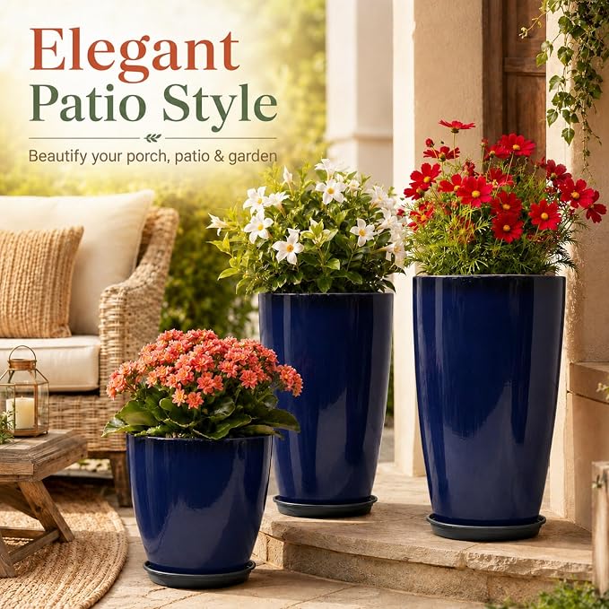 Neoaider Set of 3 Tall Planter, 24/21/12in Large Plastic Planter, Blue | Ceramic-Look, Lightweight, Built-in Drain Hole, Saucers, Tall Outdoor Planter for Porch, Garden, Patio, Balcony