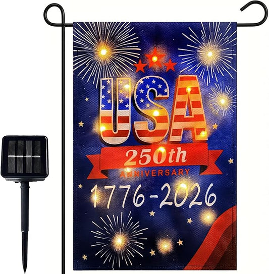 250 Anniversary USA Garden Flags-1776-2026 Double Side 12x18 Inch Patriotic 4th of July Decorations for Outside Flags with Lights- Solar LED Burlap US Flag for Memorial Day Decorations