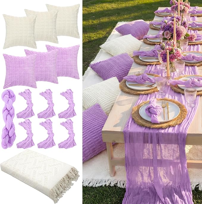 Beeveer 14 Pack Picnic Kit 91x71 Inch Extra Large Outdoor Boho Picnic Blanket with Purple Table Runner, 6 Throw Pillow Covers 6 Napkin Woven Cotton Yarn Washable Beach Blanket for Camp Wedding Decor