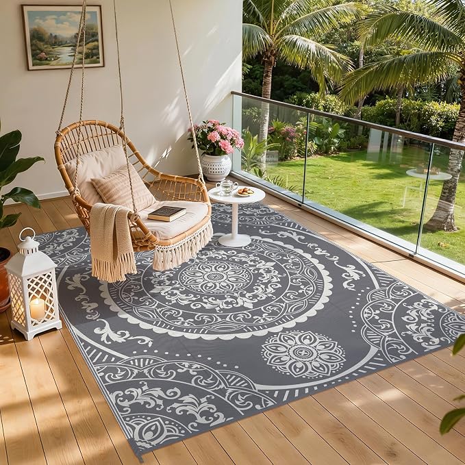 Pauwer Waterproof Outdoor Rug 8x10, Reversible Plastic Straw Patio Camping Rug, Indoor Outdoor RV Mat Carpet for Deck, Camper, Porch, Balcony, Backyard, Picnic, Paisley Grey