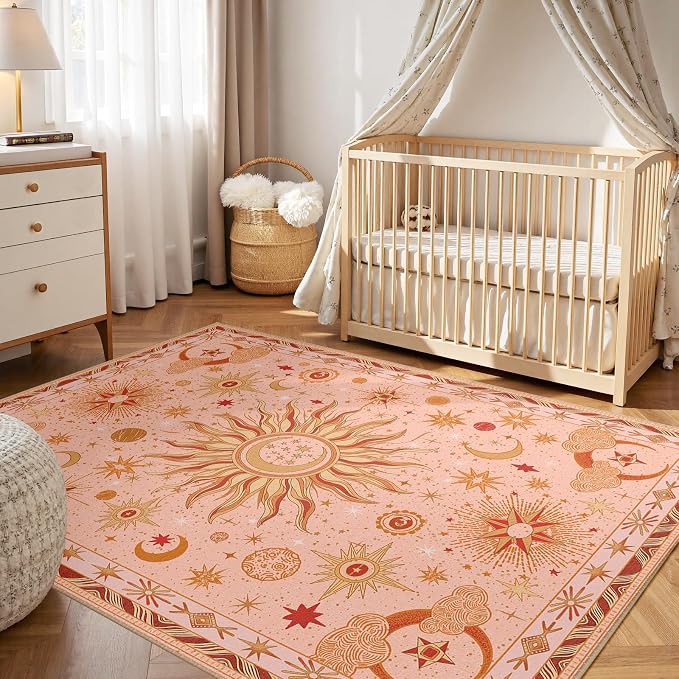 Vacuum-Friendly, 5x7 Washable Area Rug, Pink Gold Beige Red | Sun and Moon Boho Gothic Non-Slip Low Pile Living Roon Bedroom Dining Room Kitchen Entry Entryway Entrance Hallway Doormat
