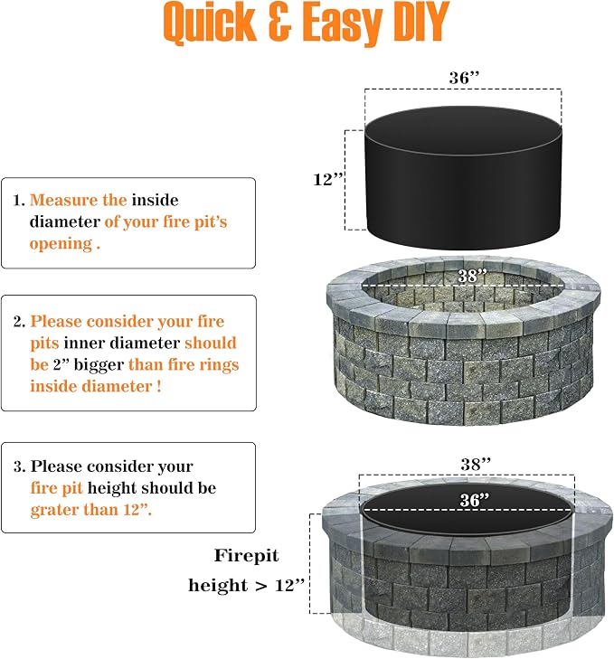 FEBTECH - 36" Dia x 12" H Fire Rings for Outside Wood Burning Fire Pits | 2mm Thick Steel DIY Firepit Ring Liner, Perfect for Outdoor Garden, Camping, Backyard & Above or In-Ground Fire Pits Setup