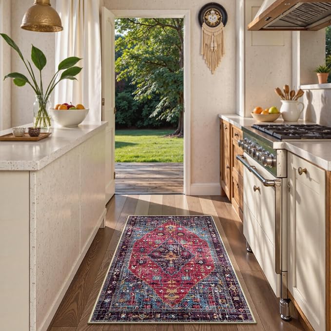Lahome Felice Machine Washable Area Rugs 3x5, Soft Entryway Rug Oriental Kitchen Rugs, Small Vintage Soft Kid Pet Friendly Printed Indoor Accent Entry Carpet for Bathroom Front Door Decor, Hot Pink