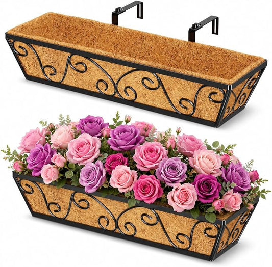 24 Inch Railing Planter Box 2 Pack, Adjustable Window Metal Box Planter with Coco Liner, Hanging Flower Planter for Balcony Deck Fence Porch Patio, Black