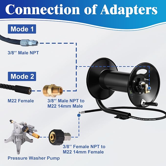 M MINGLE Pressure Washer Hose Reel 300ft x 3/8" / 500ft x 1/4", 4000 PSI | Heavy Duty Steel Hose Reel, Manual Crank Power Washer Hose Reel with Swivel Arm, 3/8" NPT Outlet Pipe