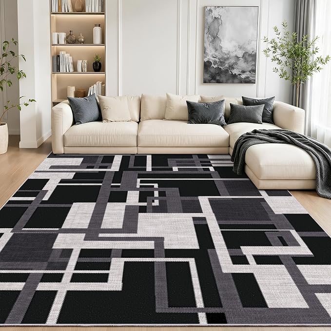 Modern Geometric 8x10 Area Rugs for Living Room, Black Grey Washable Rug | Contemporary Patchwork Non-Slip Indoor Carpet for Bedroom Dining Room Office | Soft Low-Pile Large Rug | Charcoal Black