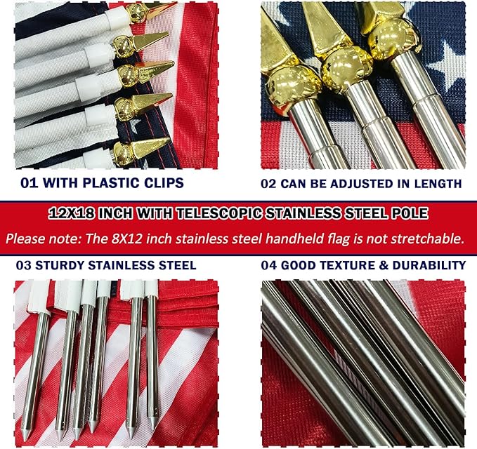 12 Pack Small American Flags on Stick, 12x18 Inch Mini Handheld USA Flag with Telescopic Stainless Steel Flag Pole, 4th of July US 250th Anniversary Decorations, Memorial Day Outdoor Decor
