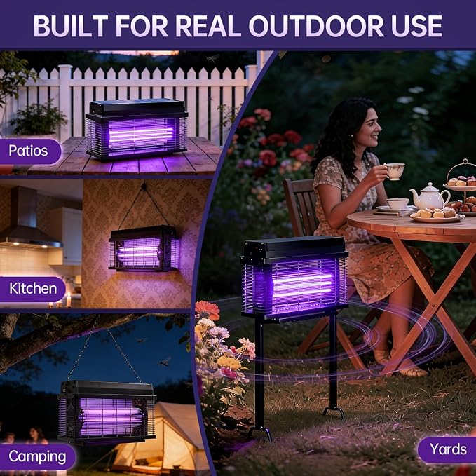 Solar Bug Zapper Outdoor, Purple UV Mosquito Zapper with Smart Rain Off Rechargeable Mosquito Killer Lamp, Wireless Solar Powered Fly Trap for Yard Patio RV (Jet Black)