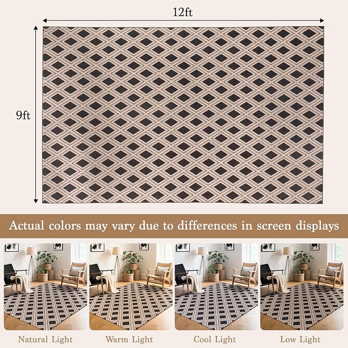 LBRO2M Machine Washable Rug Soft Pet Friendly Carpet 9X12 Black | Checkered Rug 9X12 for Living Room, Bedroom, Dining Room, Home Office, Non Slip Carpet, Foldable Stain Resistant Rugs
