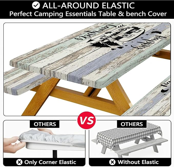 Picnic Table Cover with Bench Covers Elastic Edges, Outdoor Patio Camping Essentials 96 Inch 3PCS, Wooden Camper Fitted Table Cover, Waterproof Rectangle Tablecloth with Drawstring Bag,RV