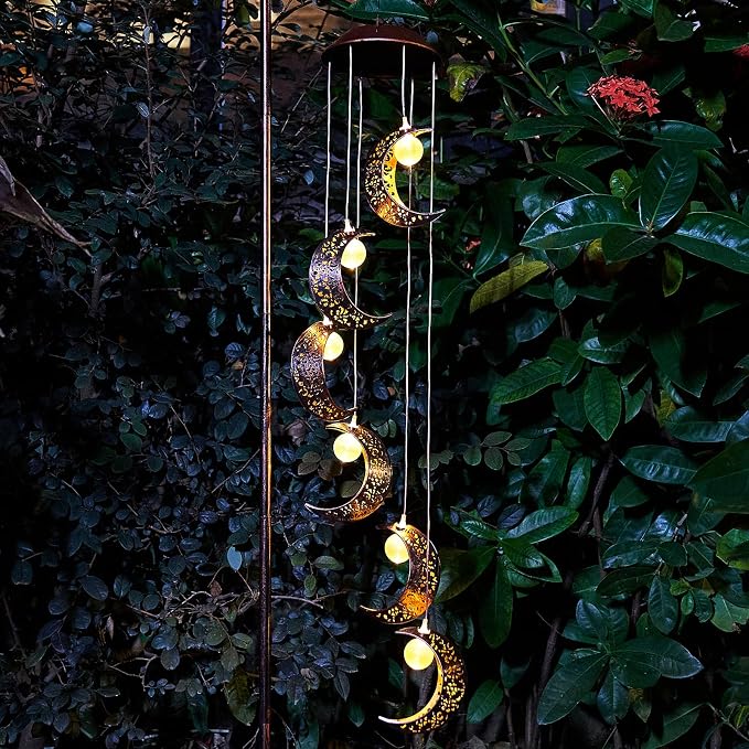 Tryme Solar Moon Wind Chimes Outdoor Solar Lights Windchimes Waterproof Hanging Decorations Gifts for Garden Patio Birthday Thanksgiving Home Party