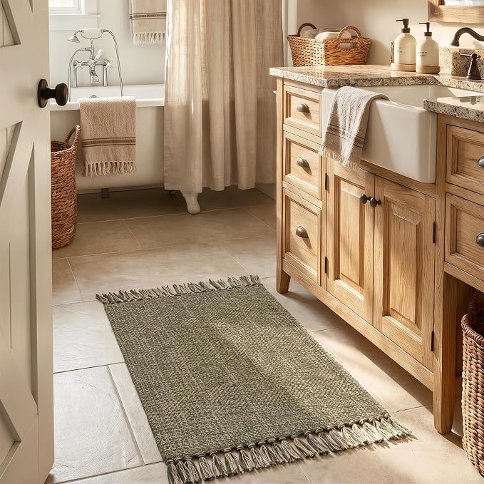 Boho Bathroom Rug 2' x 3', Modern Farmhouse Rugs for Entryway | Moss Green Washable Kitchen Mat, Hand-Woven Front Under Doormat Layering Rug, Reversible Porch Carpet for Laundry Bedroom