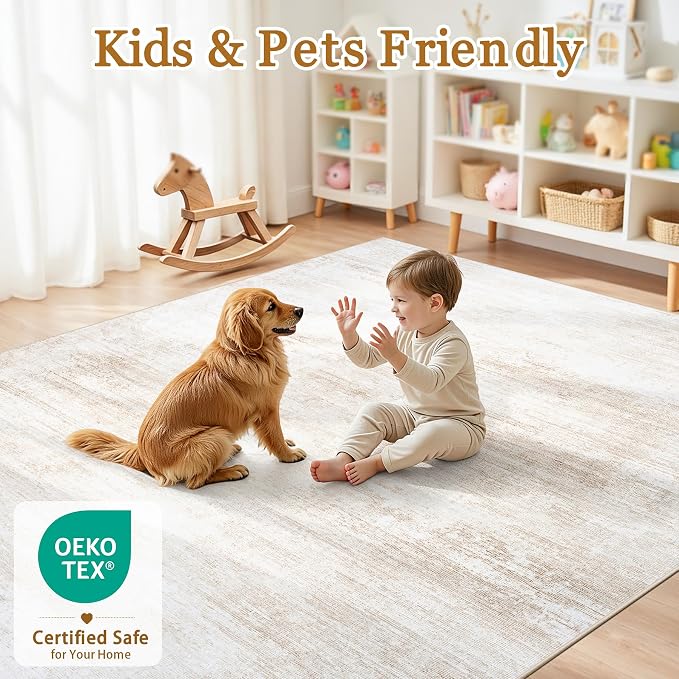 Tosuoka Area Rugs 9x12 Living Room, Washable Abstract Large Rug Beige | Bedroom Rug, Ultra Soft, Neutral, Cream, Non-Slip, Low-Pile, Modern, Indoor Carpet for Nursery Dining Room Office Home