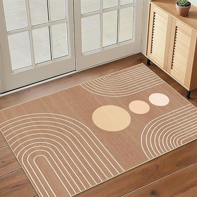 Boho 2x3 Rug for Entryway Modern Geometric Abstract Area Rug Brown Mid Century Modern Machine Washable Door Mat Contemporary Non-Slip Printed Low-Pile Floor Carpet Kitchen Bathroom Laundry Brown