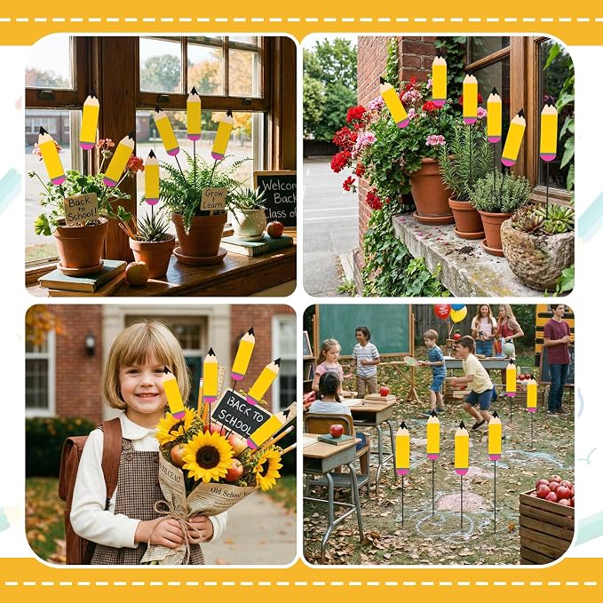 Pickmesh 6 Pcs 12'' H Back to School Outdoor Decorations Pencil Metal Yard Signs Large Preschool Graduation Outdoor Decor Pencil Party Photo Props for Classroom First Day of School Decor