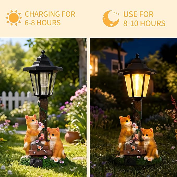 Solar Cat Garden Decor, Outdoor Statues with LED Lantern Cat Figurine for Outside Patio Yard Backyard Gifts for Mother's Day Birthday Housewarming
