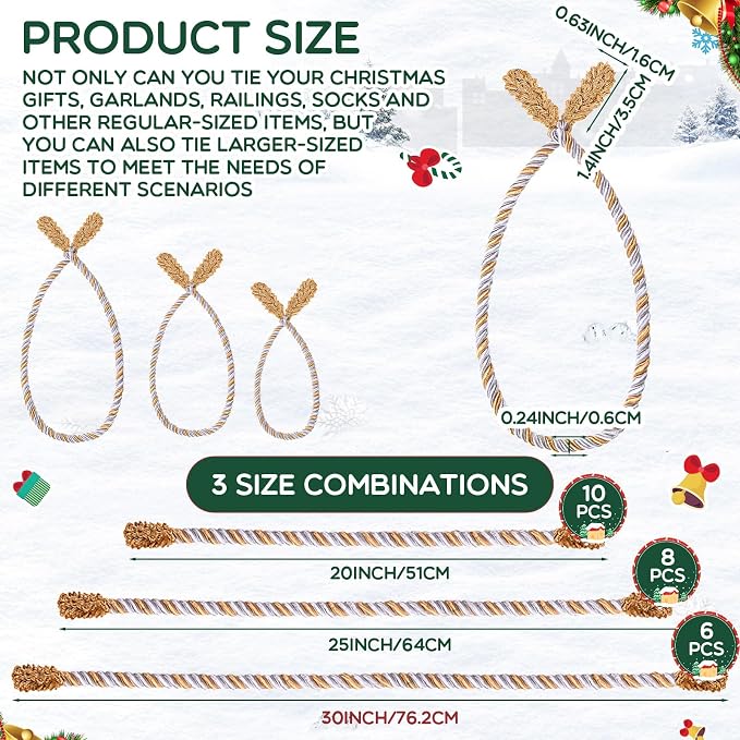 Zhengmy 24 Pcs Christmas Garland Ties Extra Long 30'' 25'' 20'' Gold Silver White Decorative Twist Tie for Banister Reusable Flexible Twist Tie for Garland Stairway Railing Home Xmas Holiday Decor
