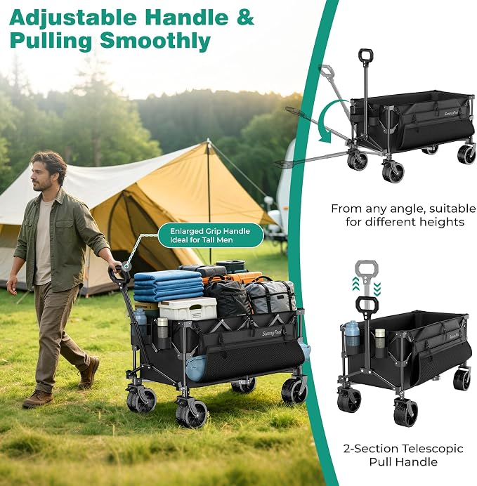 SUNNYFEEL 300L Wagon Cart Foldable - 550LBS Heavy Duty Collapsible Wagon with Big All-Terrain Wheels & Brakes, Extra Large Folding Utility Wagon for Camping, Grocery, Sports, Garden, Beach, Black