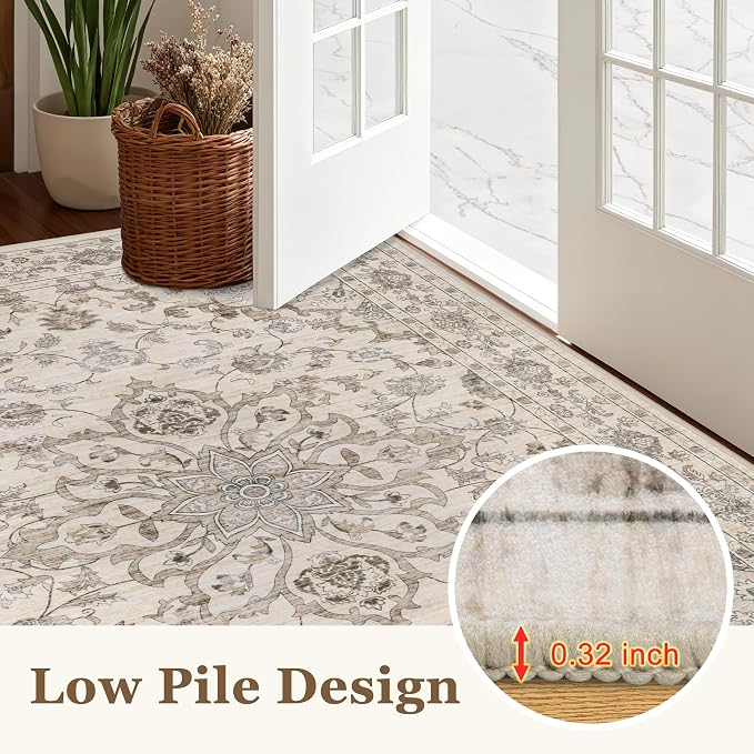 10x12 Area Rugs Living Room: Washable Rug for Bedroom Brown Beige | Vintage No Slip Stain Resistant Rug Soft Indoor Decor Floor Floral Area Rugs for Dining Room, Nursery, Hallway, Home Office
