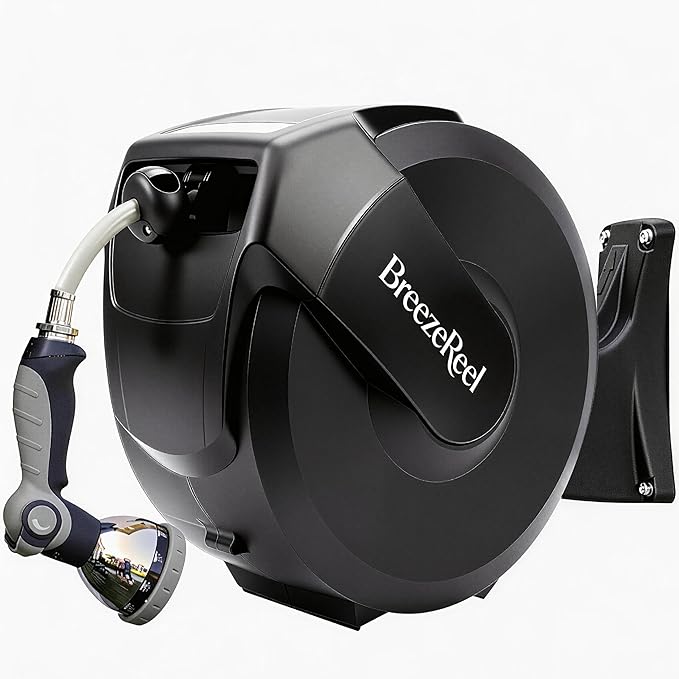 Retractable Garden Hose Reel 1/2 inch x 100ft, 3-Ply Reinforced Heavy Duty, Any Length Lock, 180° Swivel Bracket, Slow Return, Auto-Layering, 10 Spray Patterns for Outdoor Watering