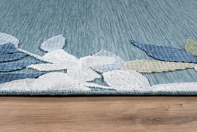 Outdoor Rug 10x14 Washable Area Rugs Indoor Outdoor Carpets Aqua Border Floral Non Shedding Waterproof Easy Clean Patio Deck Porch Living Room Bedroom Garden RV (10 X 14 Aqua)
