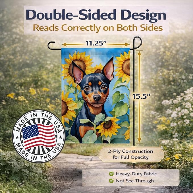 Caroline's Treasures DAC6121GF Miniature Pinscher in Sunflowers Garden Flag Mailbox Flag Decorative Yard Flag Banner Outside Patio Artwork Yard Flower Beds, Garden Size, Multicolor