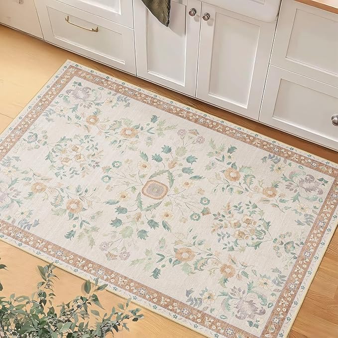 Small Rug Washable 2x3 Area Rugs Non Slip Ultra-Thin Floral | Throw Carpet for Bathroom Entryway Entry Entrance Bedroom Bedside Kitchen Floor Indoor Low Pile Boho Vintage Beige
