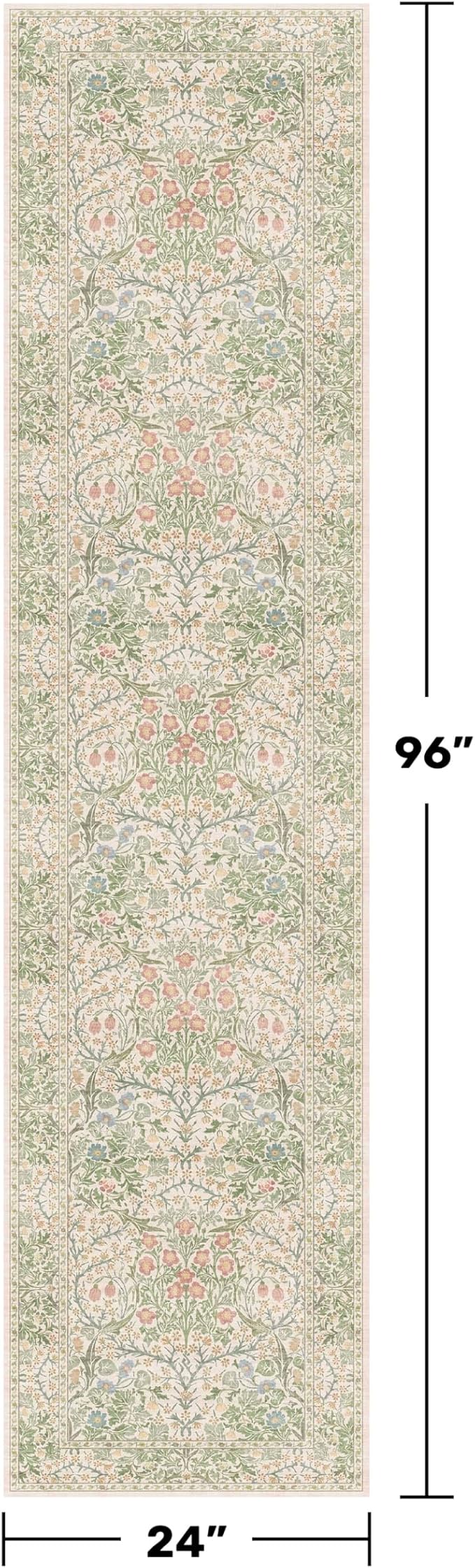 Beige Green 2x8 Rug Runners for Bathroom, Washable Long Floor Runner for Kitchen, Entryway Indoor, Non Skid Rubber Backing Stain Resistant - Vintage Floral Décor