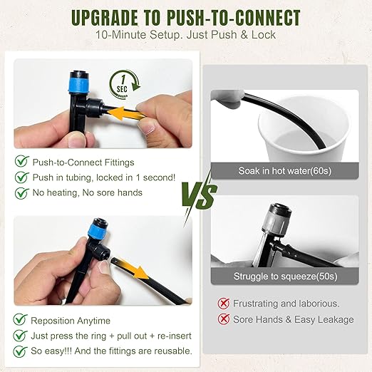 Push-to-Connect Drip Irrigation System Kit, Complete Premium Garden Watering System with 50FT 1/2" Mainline, Leak-Resistant Quick Connect Fittings, Adjustable Drip Emitters for Raised Beds, Greenhouse