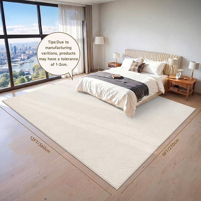9x12 Living Room Area Rug, Beige Soft Geometric Fluffy Bedroom Mat | Washable Modern Indoor Floor Mat, Non Slip Shaggy Boho Accent Throw Carpet for Office, Dorm, Nursery and Dining Room