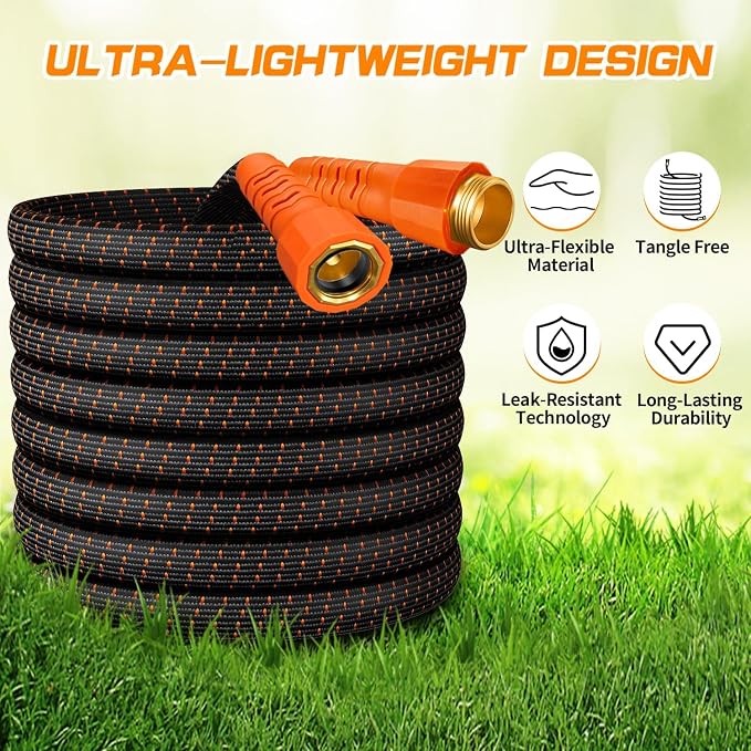 50FT Flexible Garden Hose & 10Modes Nozzle,Lightweight Water Hose,Kink-Free,All-Weather 3/4 in. Hose for RV,Boat,Car Wash,Garden,Yard,Camper,Outdoor None Expanding (Orange-Black, 50 Feet)