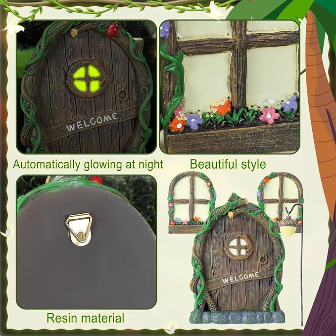 Thyle 47 Pcs Fairy House Garden Accessories Kit Glow in the Dark Mushroom House Resin Outdoor Village Door Window Figures Garden Miniature for DIY Room Wall Tree Outdoor Decorations