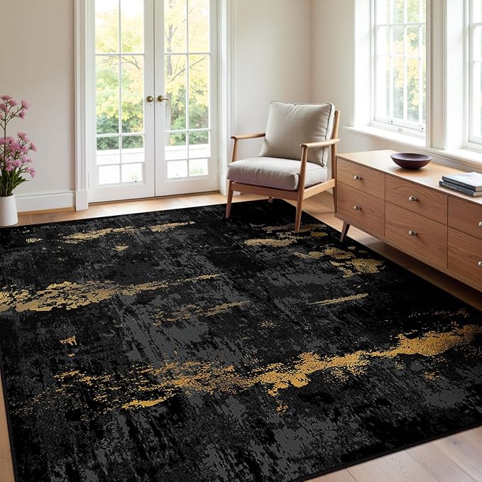 RELEANY Washable 4'x5' Abstract Area Rug for Living Room Black Gold | Carpet for Bedroom, Kitchen, Office, Hallway and Entryway, Printed Pattern, Non‑Slip, Soft, Stain‑Resistant, Easy to Clean