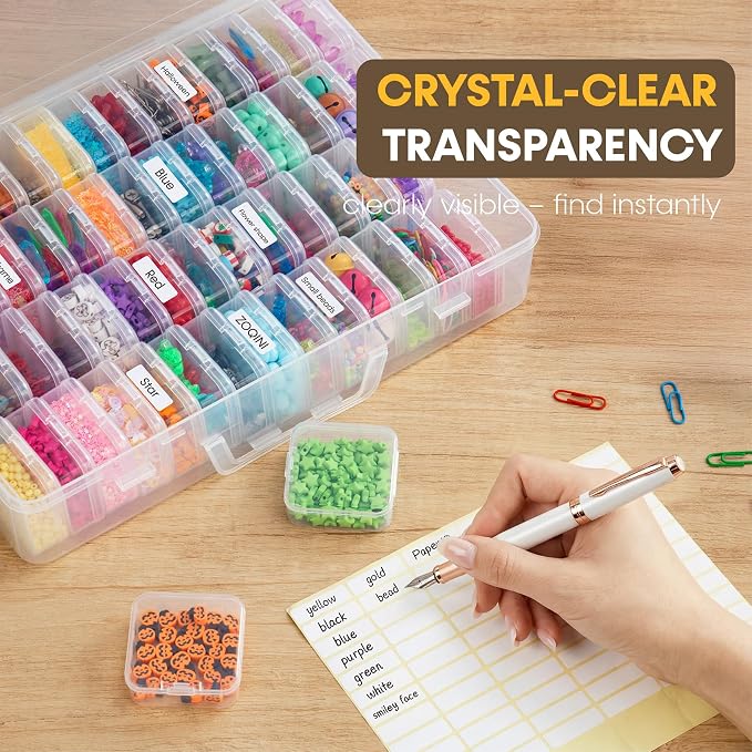 Portable Bead Organizer, 60Pcs Small Clear Storage Boxes with Hinged Lid and Large Craft Case with Handle, Mini Plastic Containers for Jewelry Making Diamonds Arts Screws Seeds Small Parts