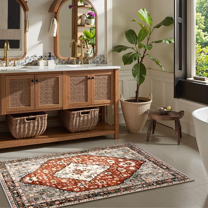 Lahome Felice Boho Tribal Area Rug - 3x5 Red Rugs for Entryway, Bedroom Throw Rugs with Rubber Backing Washable, Vintage Non Slip Mat Soft Carpet for Office Kitchen Foyer Entrance Living Room