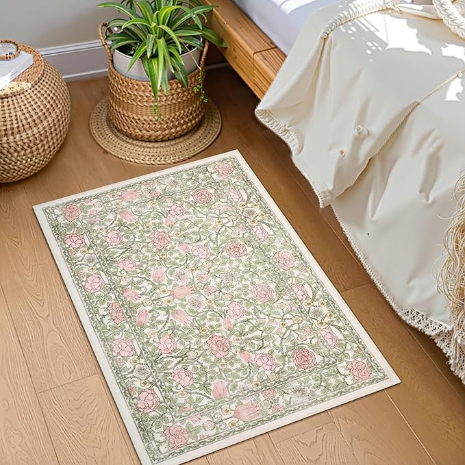 GarveeHome Pink Green Beige Floral Washable 2x3 Rug for Entryway Door Mat | Kitchen Bathroom Girls Bedroom Dorm Rug Vintage Boho Small Rugs Low-Pile Non-Slip Stain Resistant TPE Backing